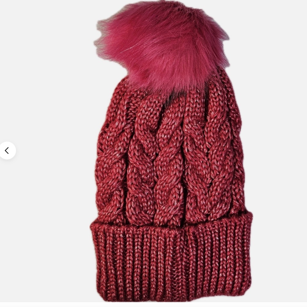New York & Company Cable Knit Hat Womens OS Pink Beanie Fur Pom Ribbed Cuff Warm